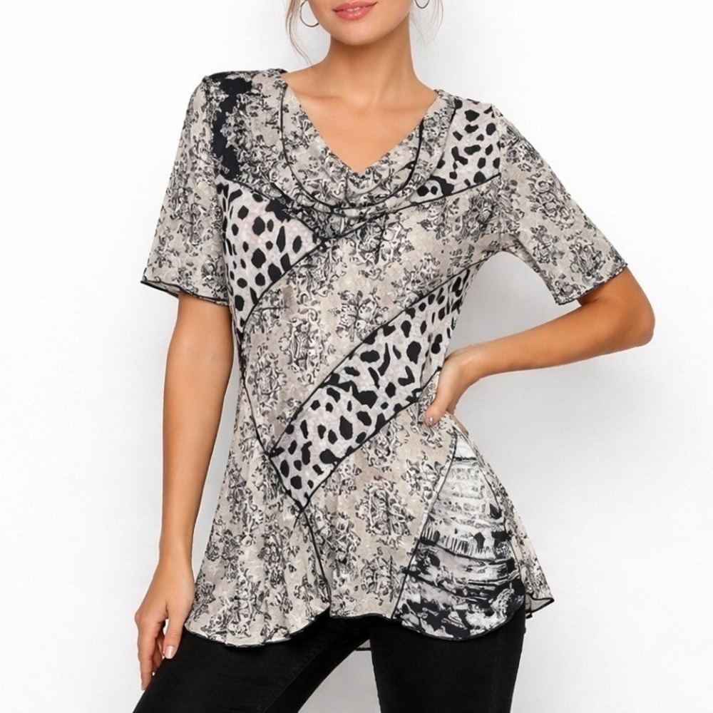 Feratelli Blouse Women L Blck White Animal Print Damask Cowl Neck Asymmetric Top